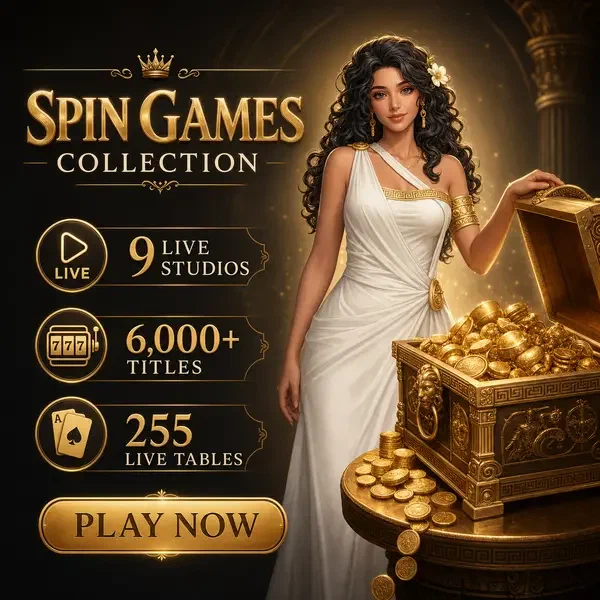 Elegante anfitriona revelando cofre del tesoro de Juegos Sava Spin con colección de juegos de giro dorados brillando