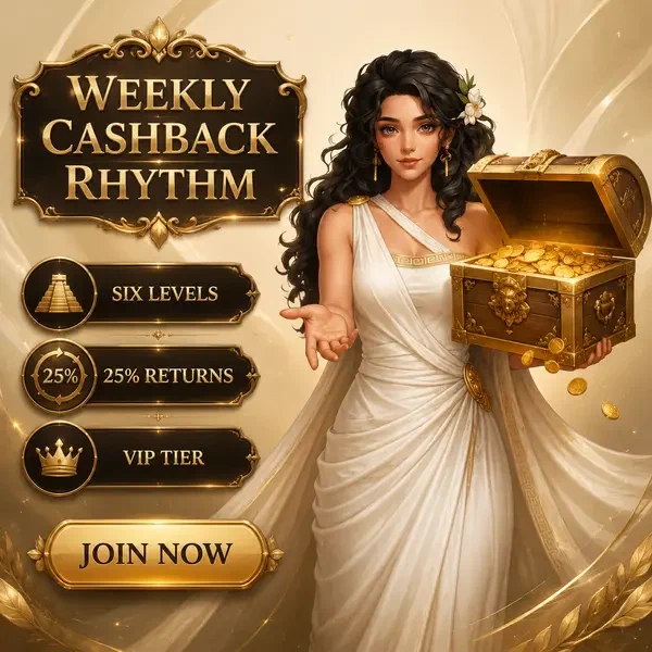 Elegante anfitriona presentando cofre de bono Weekly Cashback Rhythm en lujosa tesorería dorada