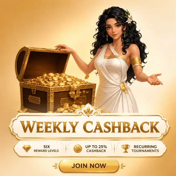 Elegante anfitriona revelando cofre del tesoro del ritmo de cashback semanal con monedas doradas desbordándose